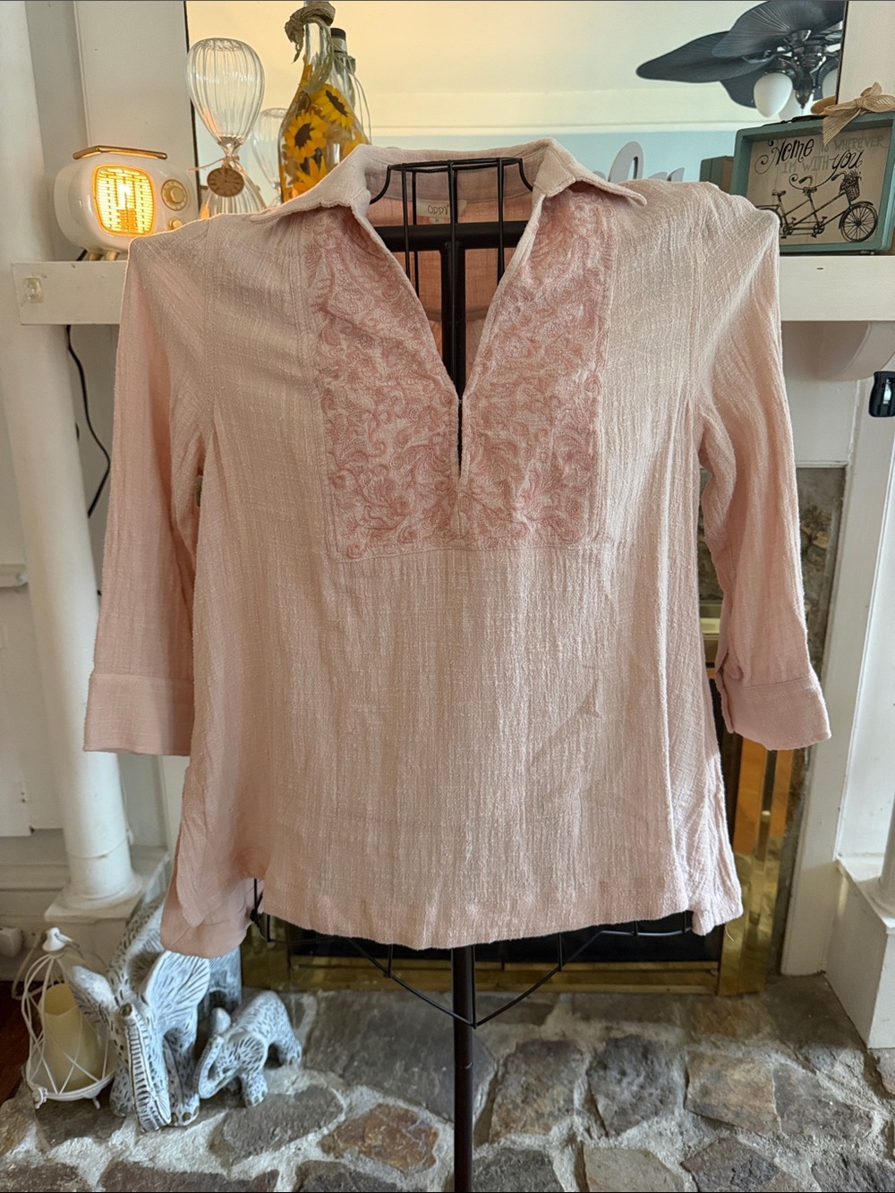 ODDY Pale Pink Embroidered Split-Neck Blouse